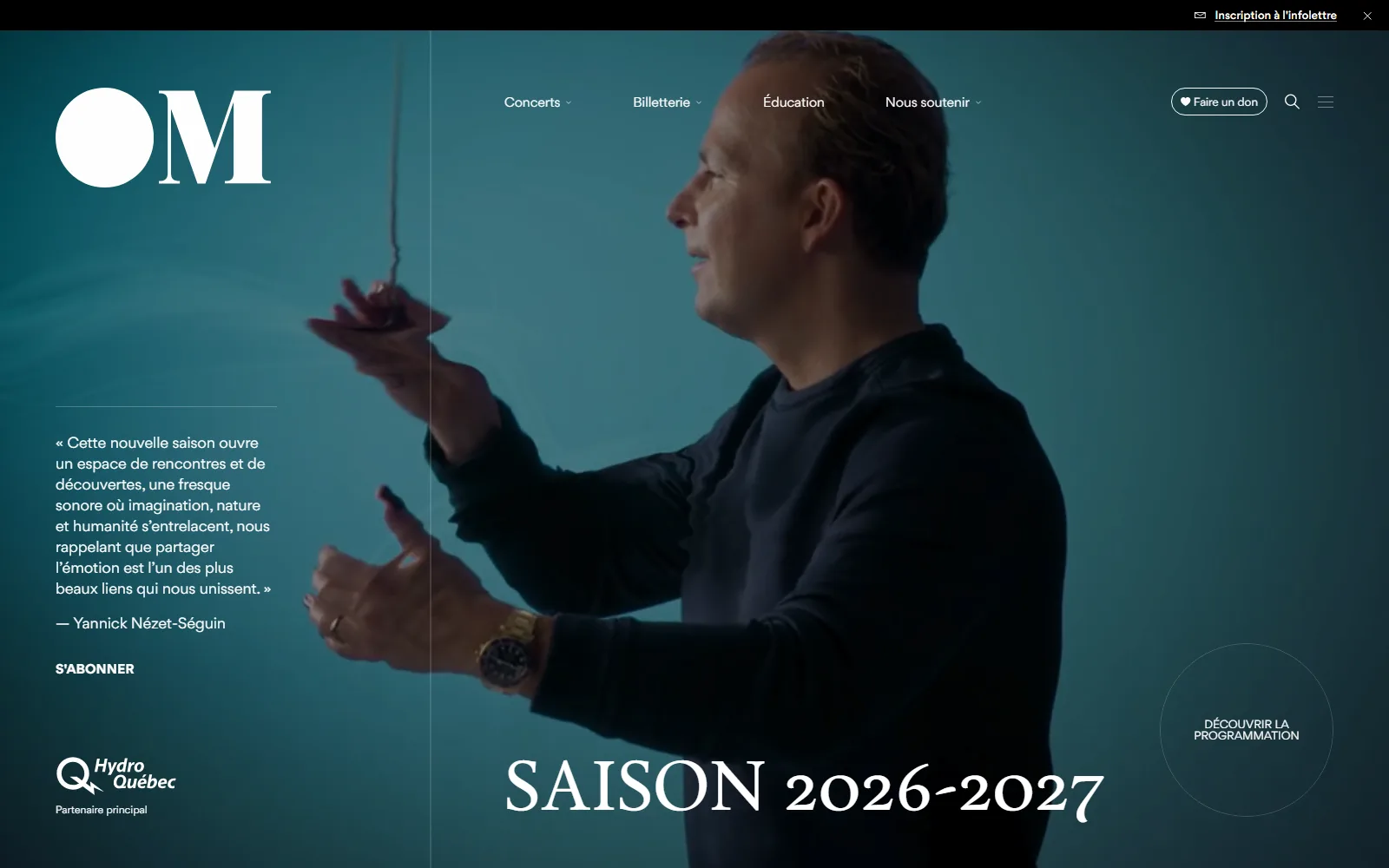 The Orchestre Métropolitain site, showing conductor Yannick Nézet-Séguin mid-gesture behind the 2026–2027 season announcement.
