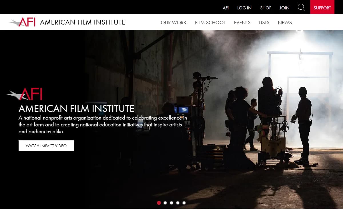 The American Film Institute site, with a film crew silhouetted on a smoke-filled set behind the institute's mission statement.